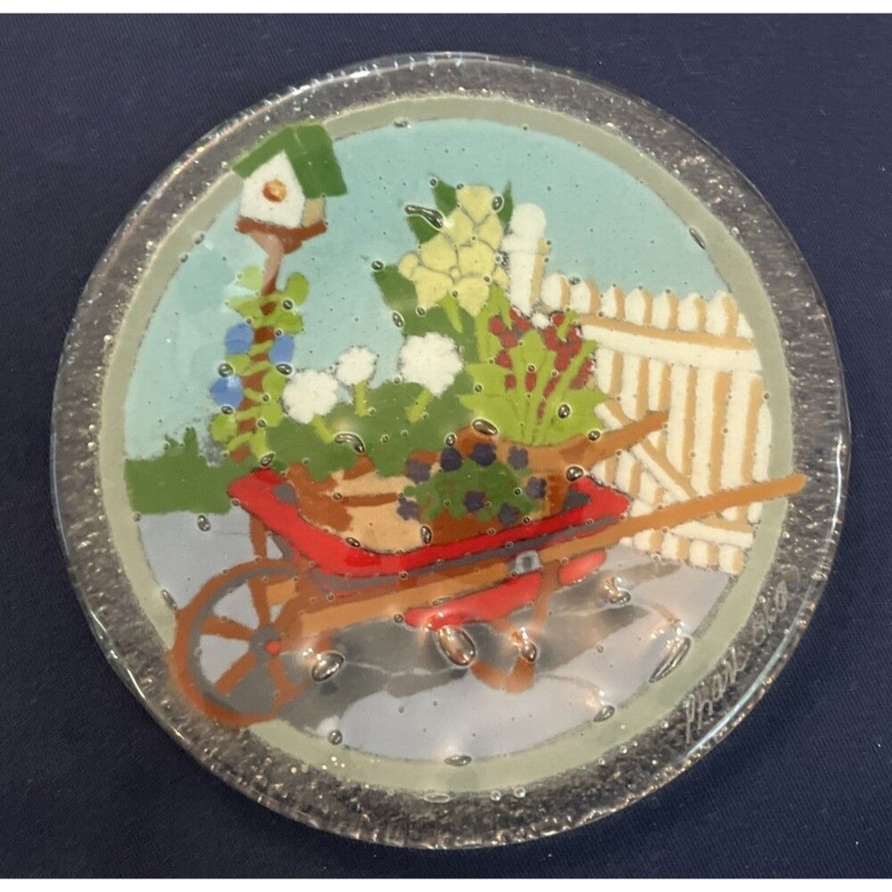 Peggy Karr Fused Art Glass Plate Wheelbarrow Garden Gate Birdhouse Flowers 5.5"